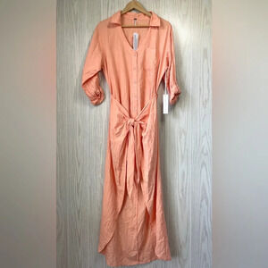 YF& B Linen Blend Wrap Midi Dress in coral shirt dress button Medium NWT